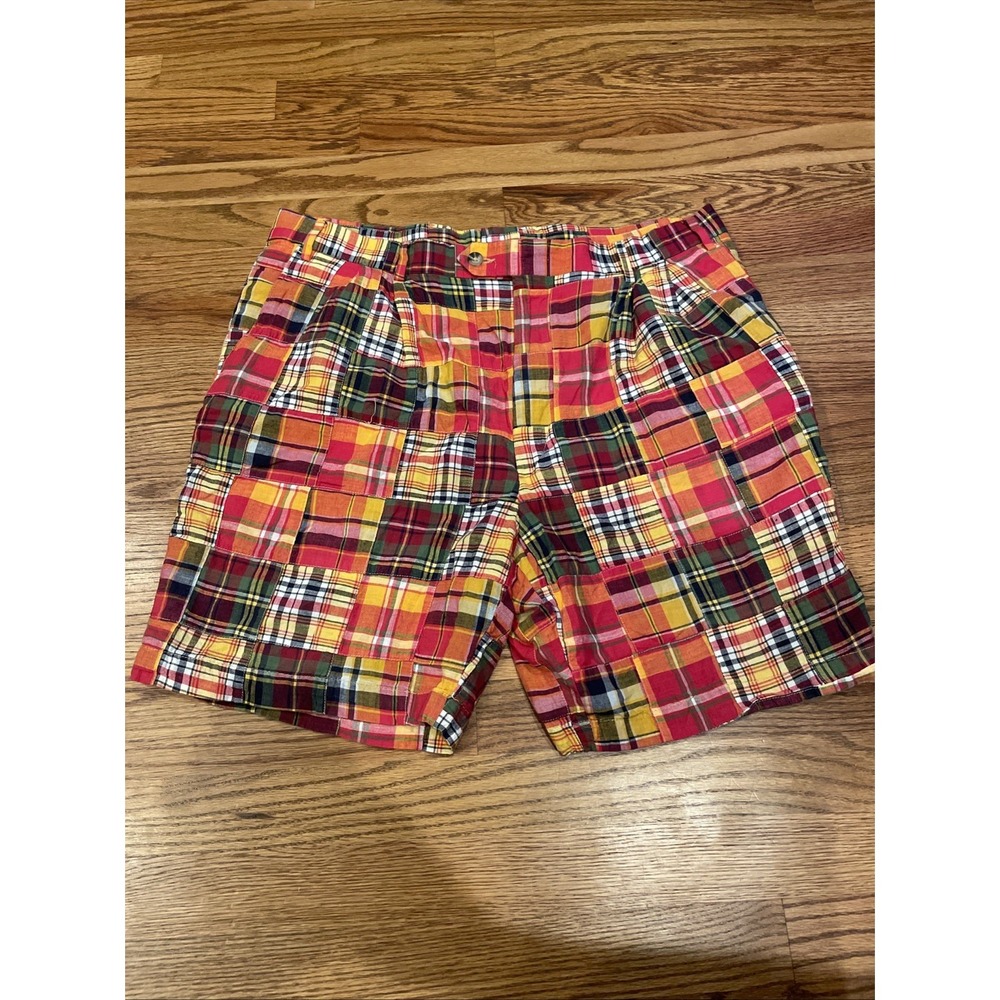 Berle Men's Madras Patchwork Plaid Shorts Pink Size 38 7" Inseam Preppy Bright